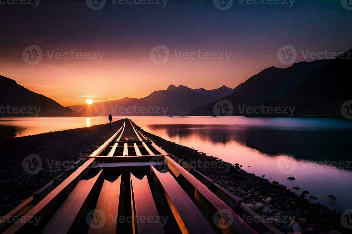 uma trem rastrear conduzindo para a pôr do sol sobre uma lago. gerado por IA foto