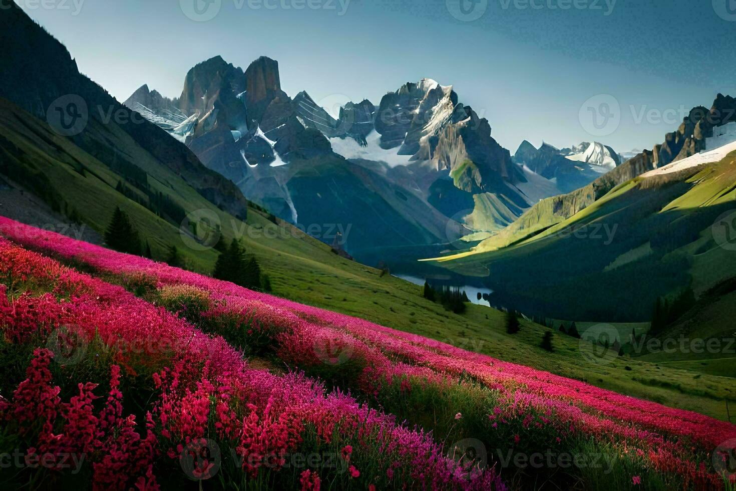 uma lindo montanha panorama com Rosa flores gerado por IA foto