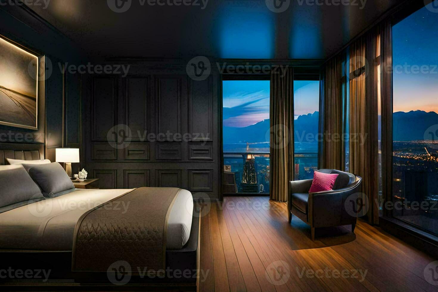 uma quarto com uma Visão do a cidade às noite. gerado por IA foto