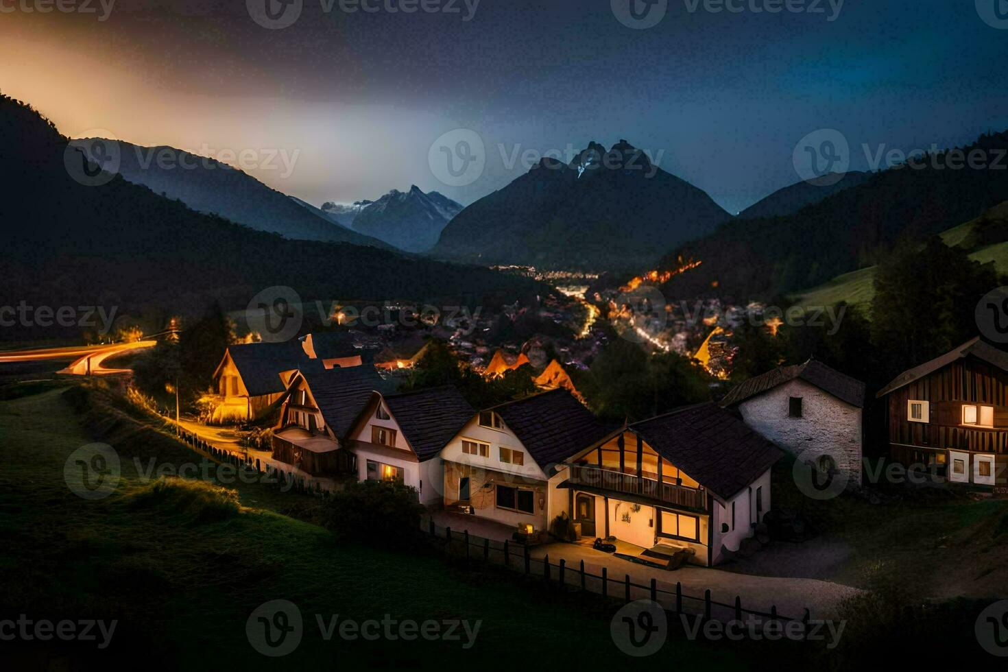 foto papel de parede a céu, montanhas, noite, a Vila, a montanhas, a Vila, o. gerado por IA