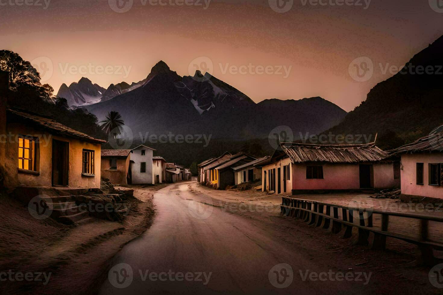 uma estrada dentro a montanhas com casas e montanhas dentro a fundo. gerado por IA foto