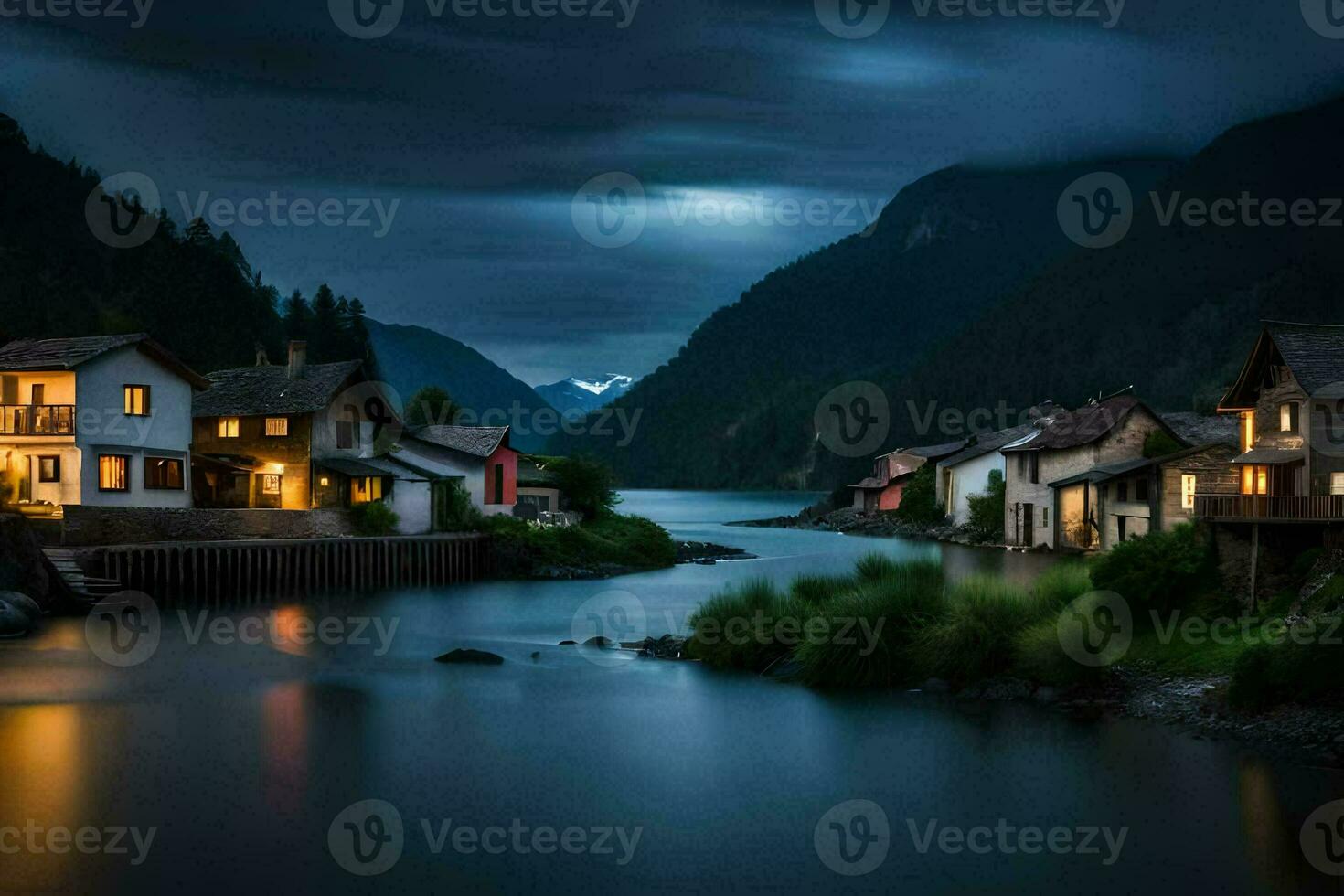 uma Cidade dentro a montanhas às noite com uma lago. gerado por IA foto