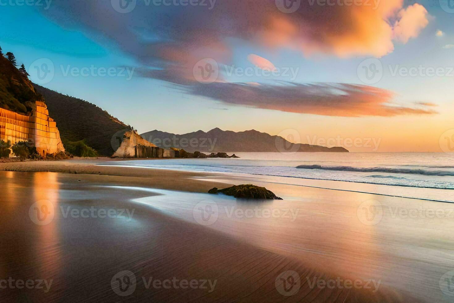 a de praia às pôr do sol com uma penhasco e oceano. gerado por IA foto