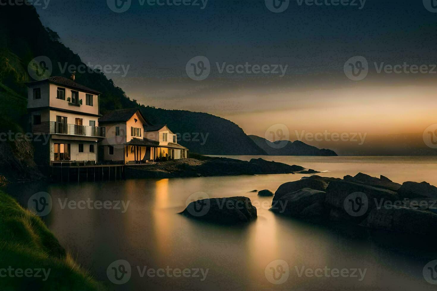 uma casa senta em a costa do uma corpo do água às pôr do sol. gerado por IA foto