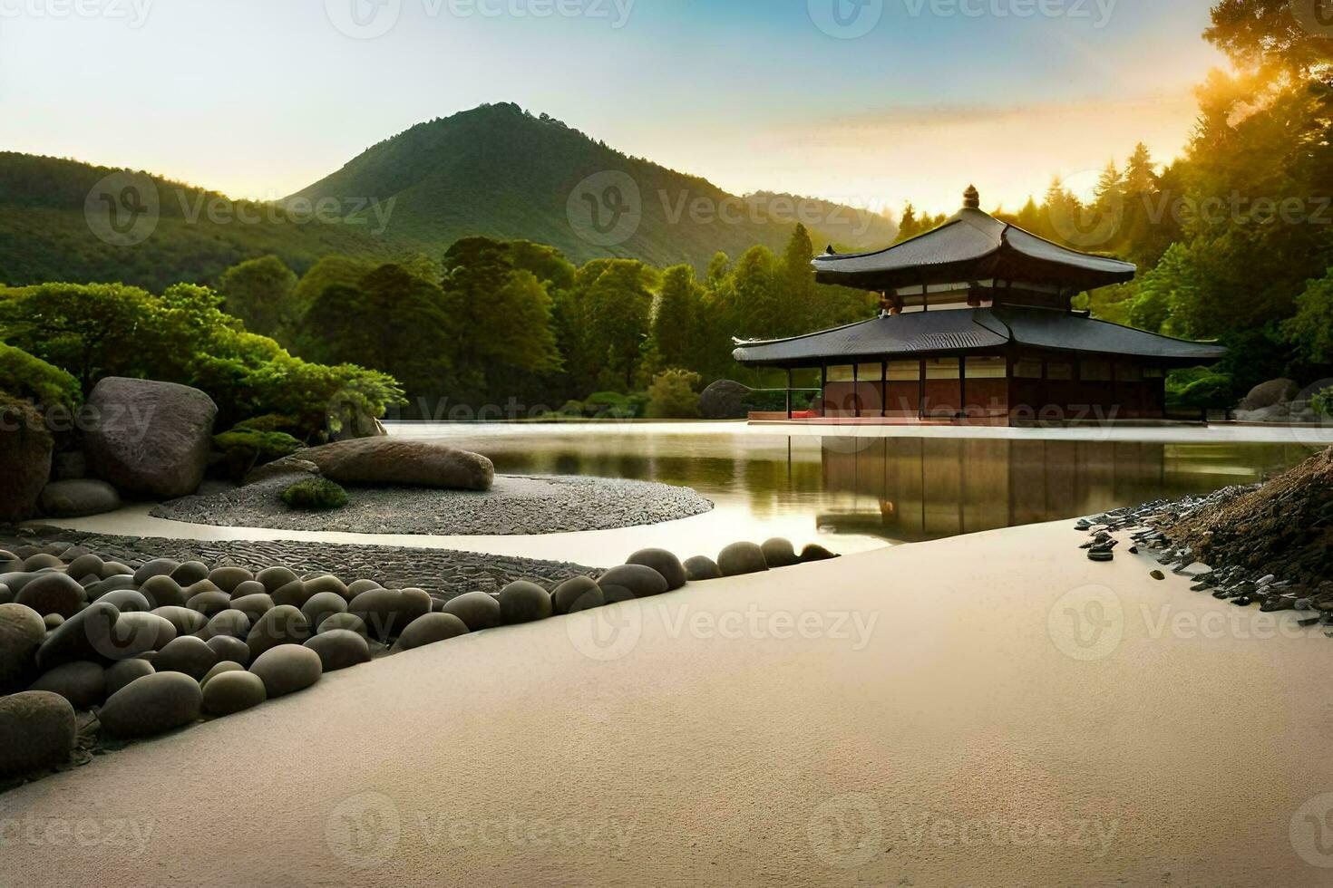 a japonês jardim dentro a montanhas. gerado por IA foto