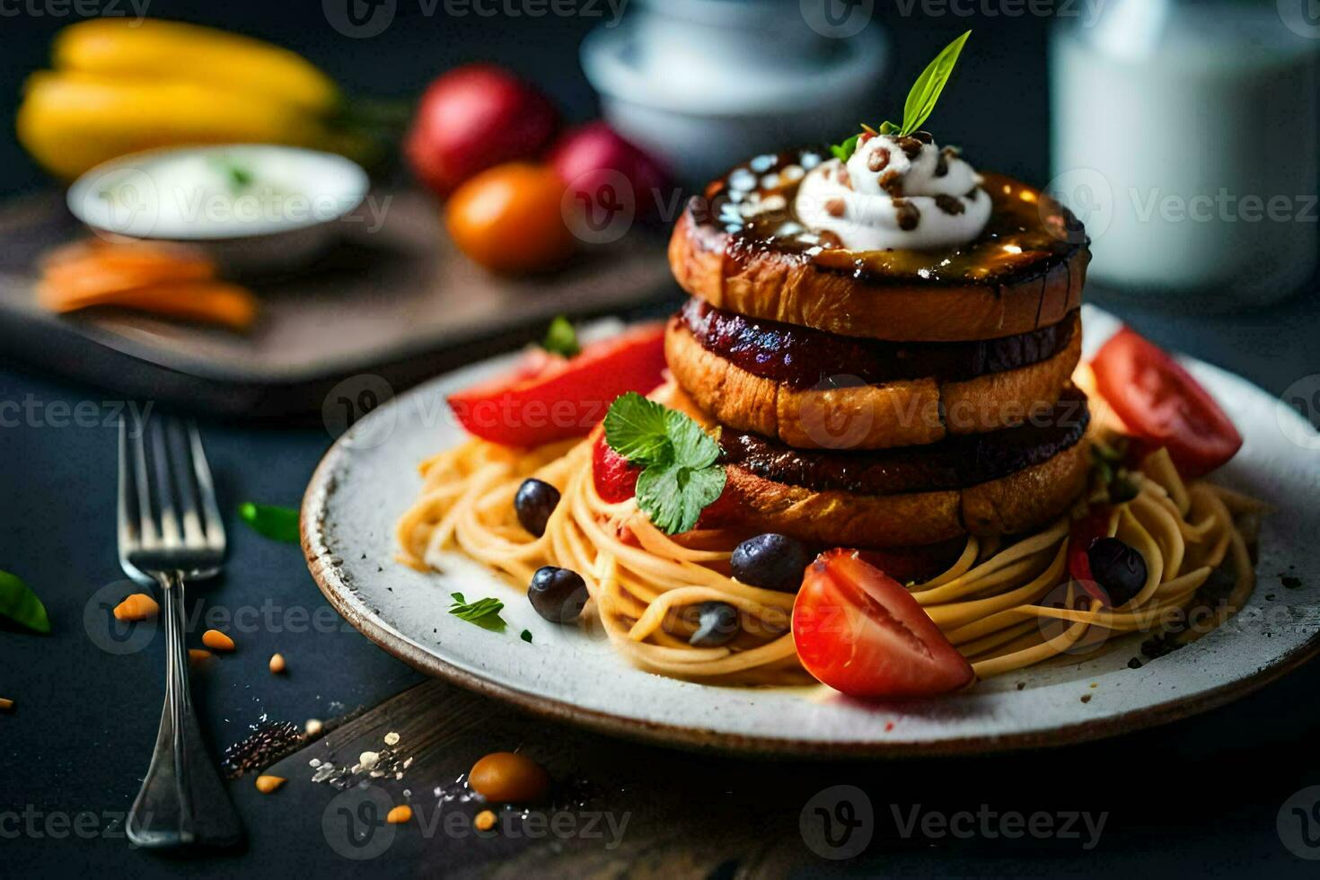 uma pilha do panquecas com tomates, queijo e legumes. gerado por IA foto