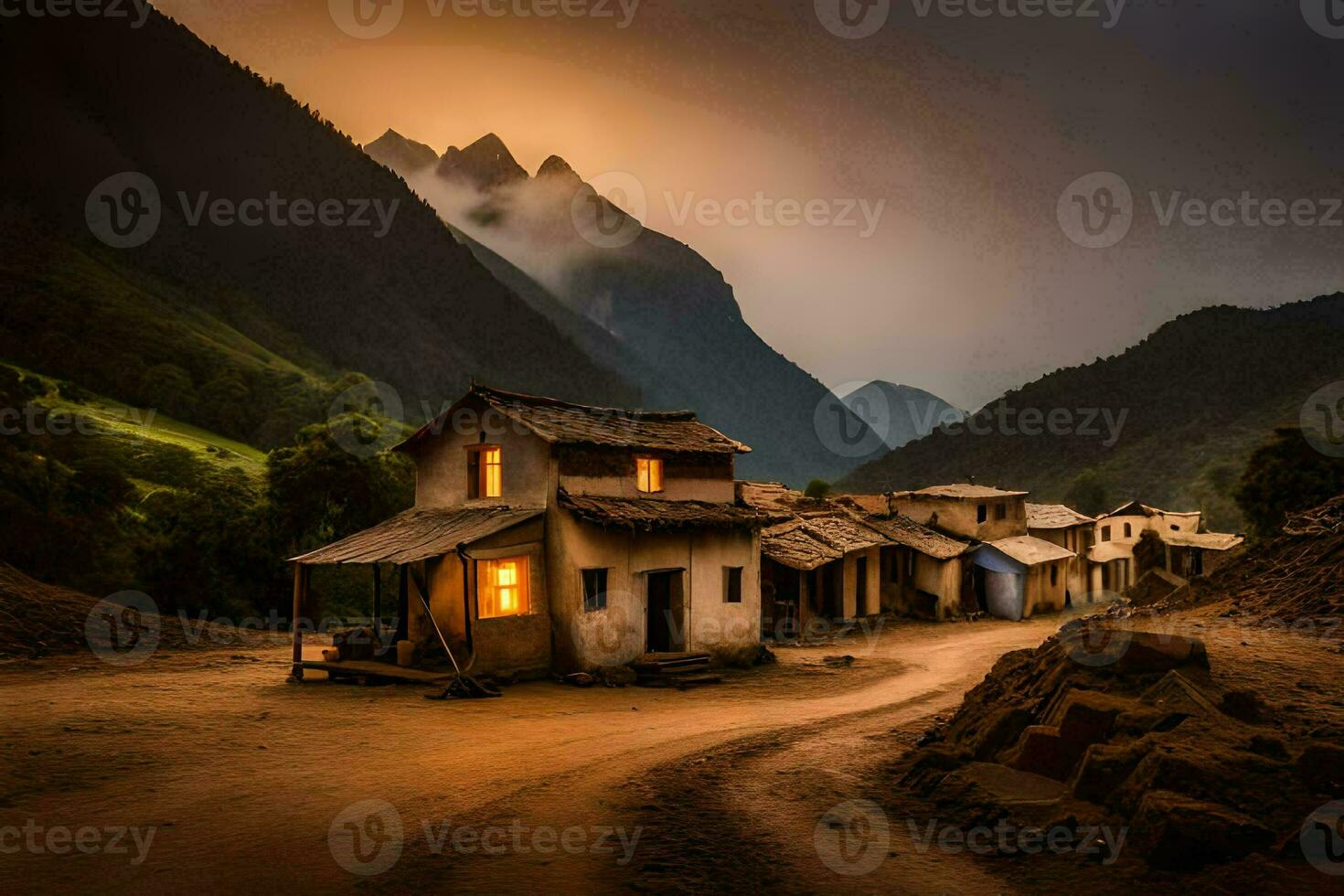 foto papel de parede a céu, montanhas, a Vila, a estrada, a Vila, a estrada,. gerado por IA