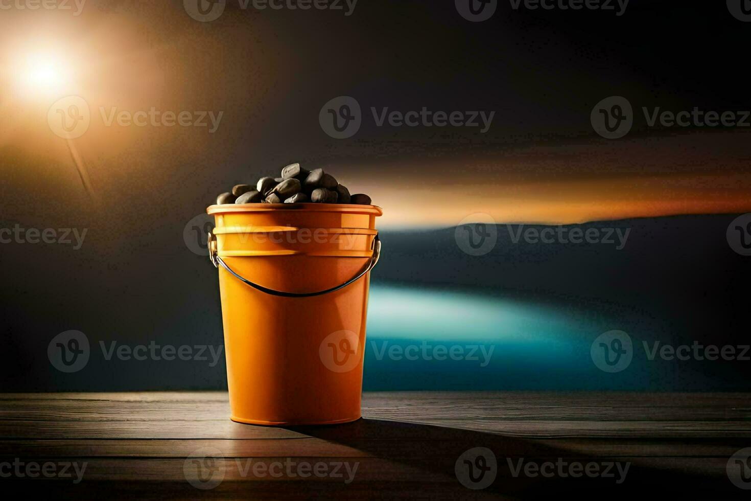 uma balde do carvão em uma de madeira mesa. gerado por IA foto