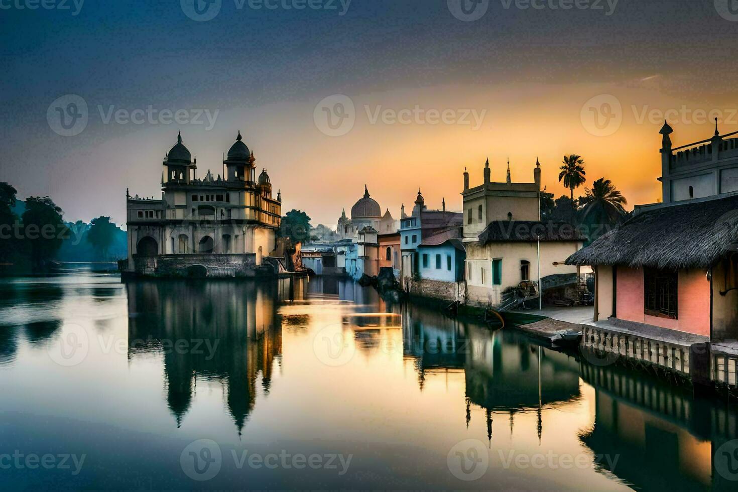 a cidade do Délhi é refletido dentro a água. gerado por IA foto