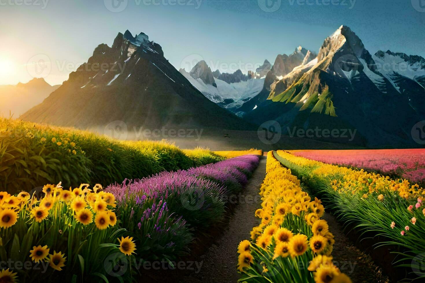 uma campo do flores e montanhas às nascer do sol. gerado por IA foto