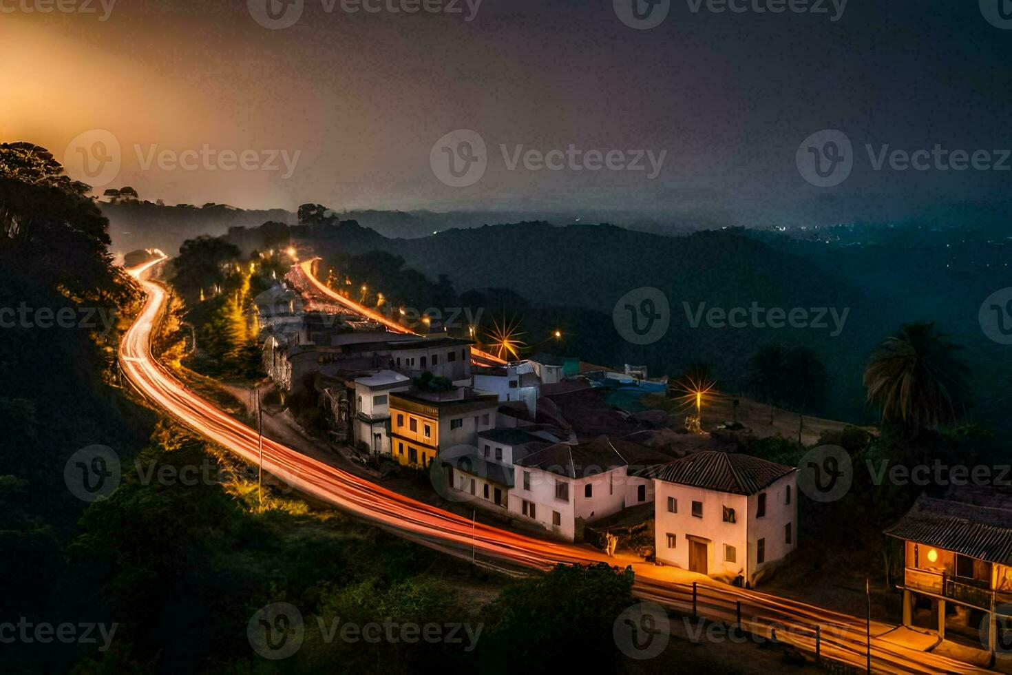 uma grandes exposição do uma Cidade às crepúsculo com carros dirigindo baixa a estrada. gerado por IA foto