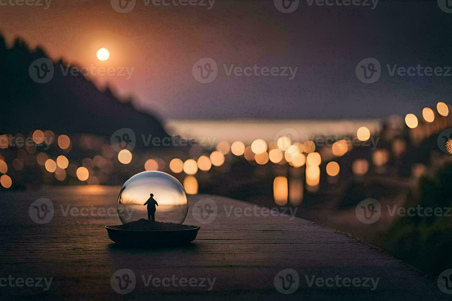 uma homem é em pé dentro uma vidro bola dentro frente do uma cidade às noite. gerado por IA foto