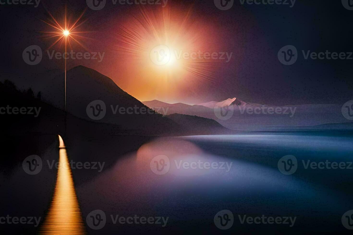 uma grandes exposição fotografia do uma montanha e uma lago às noite. gerado por IA foto