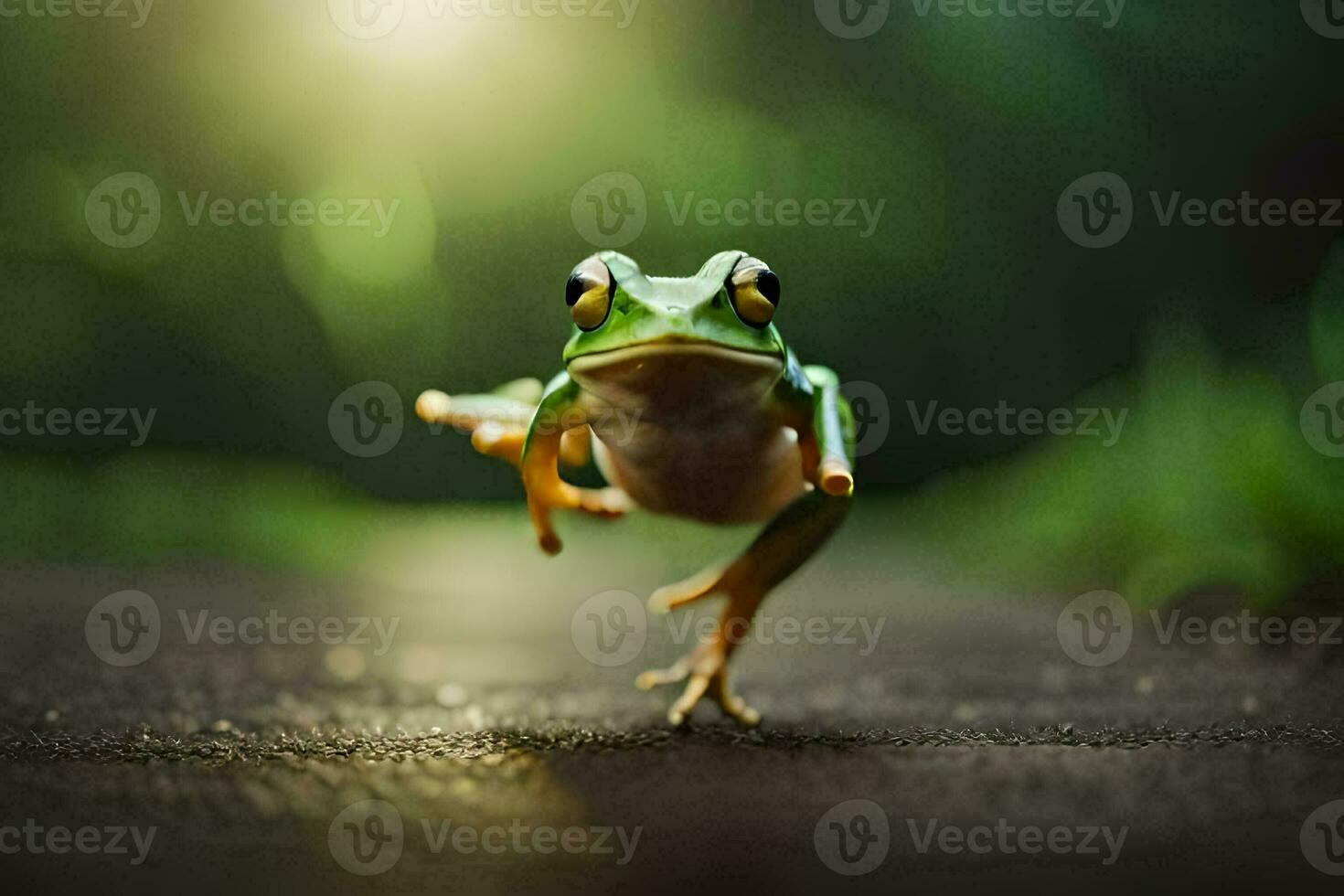 uma rã pulando em a terra com Está pernas espalhar. gerado por IA foto