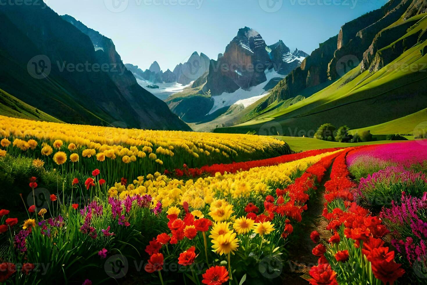 colorida flores estão dentro uma campo perto montanhas. gerado por IA foto