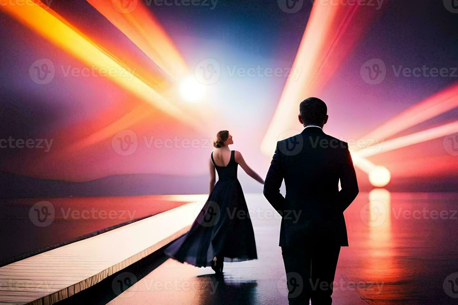 uma homem e mulher caminhando ao longo uma cais com brilhante luzes. gerado por IA foto