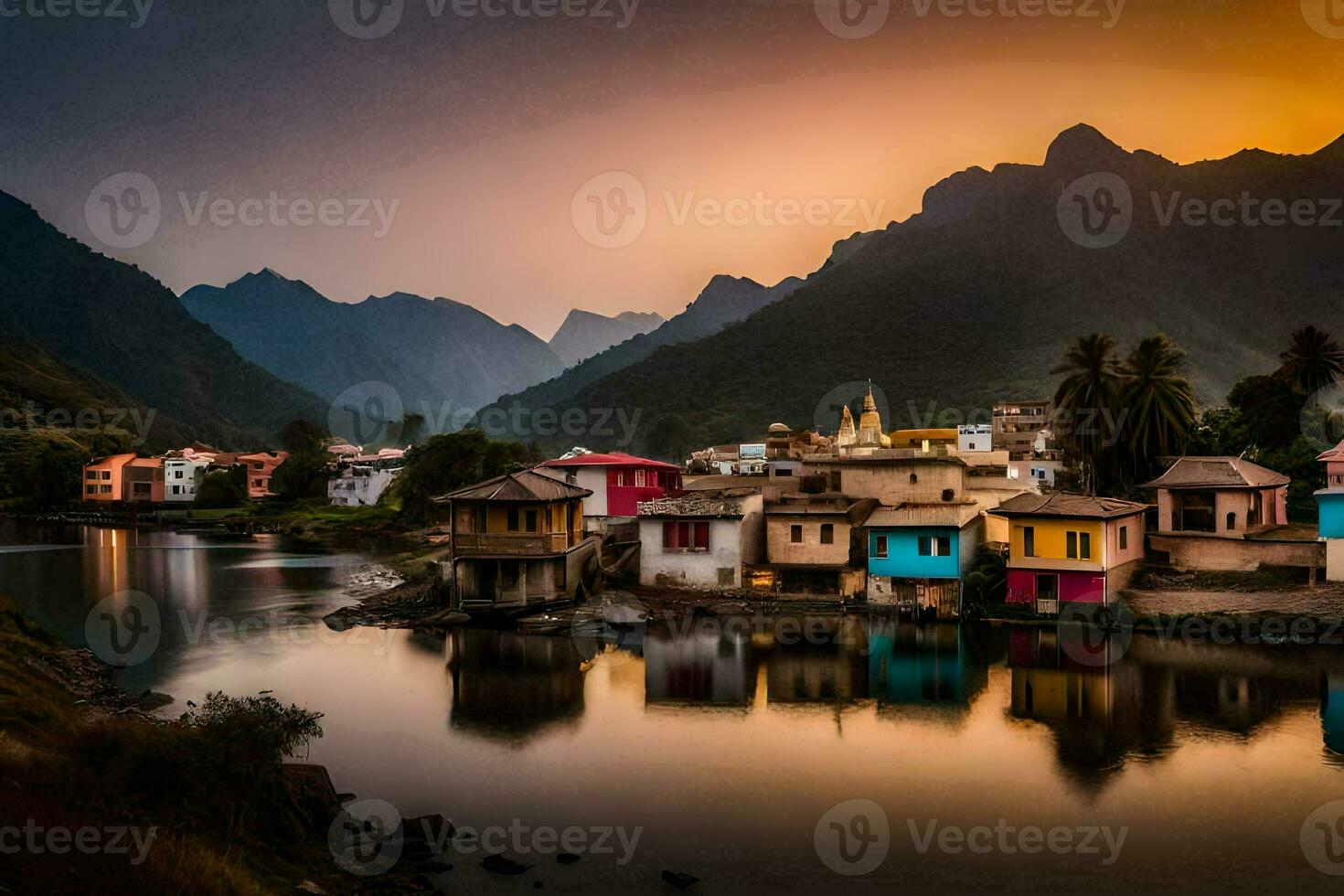 uma rio e alguns colorida casas dentro a montanhas. gerado por IA foto