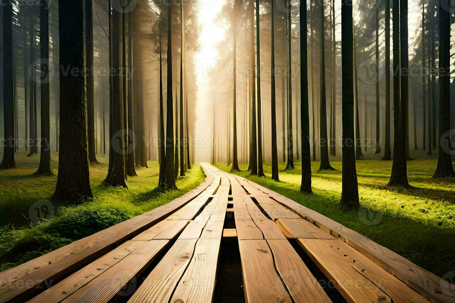 uma de madeira caminho através a madeiras com Sol raios. gerado por IA foto