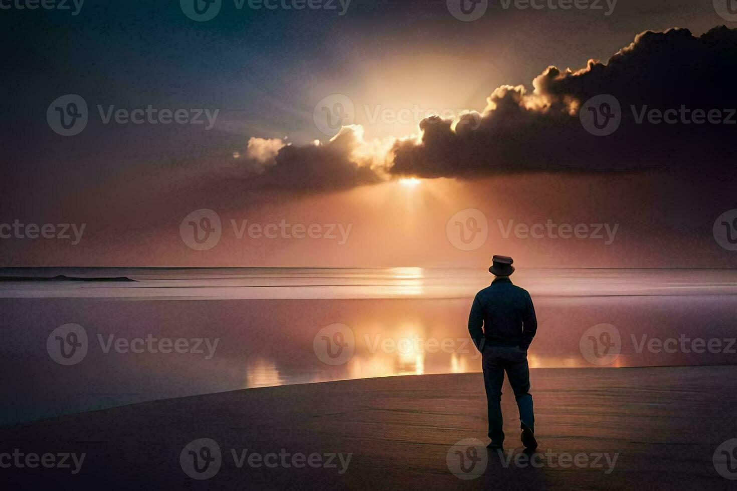 uma homem em pé em a de praia olhando às a Sol. gerado por IA foto