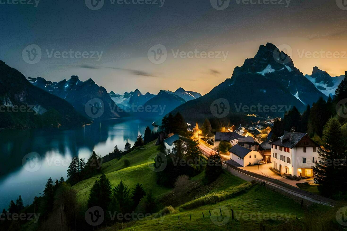 a Vila do Alpes, Suíça, às crepúsculo. gerado por IA foto