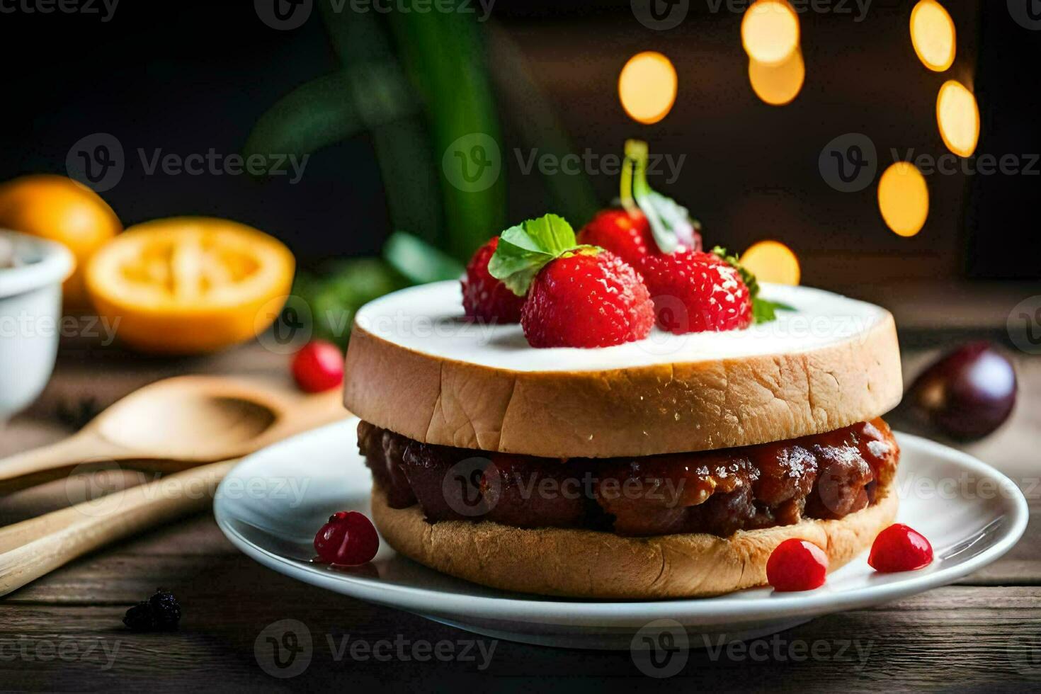 uma sanduíche com morangos e cerejas em topo. gerado por IA foto