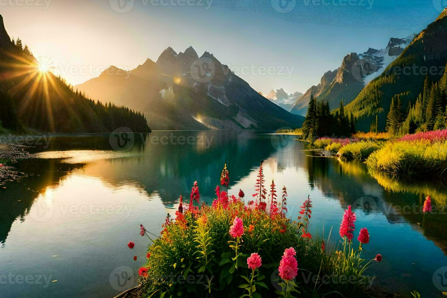 a Sol brilha sobre uma lago e flores dentro a montanhas. gerado por IA foto