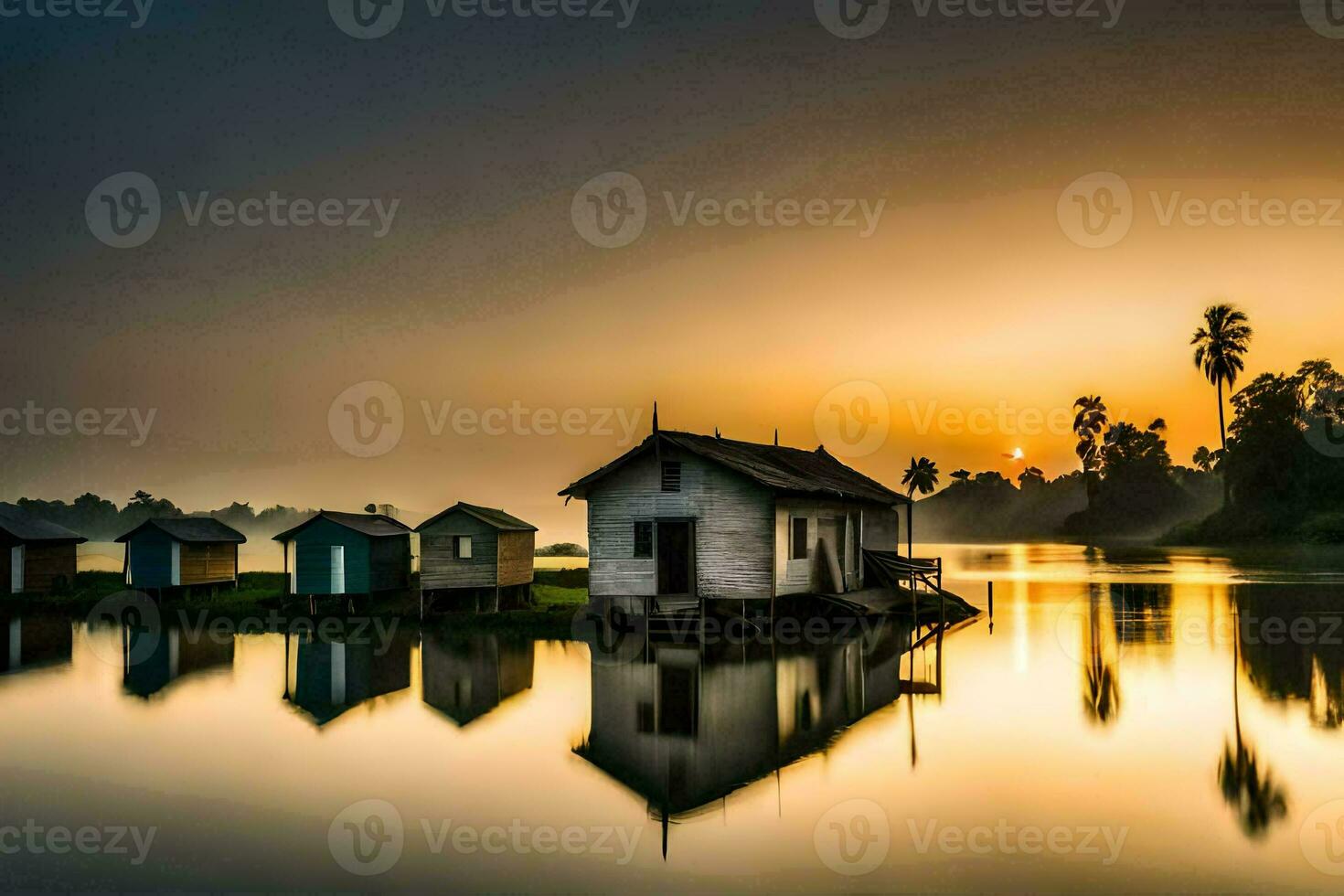 uma lindo nascer do sol sobre uma lago com casas em a costa. gerado por IA foto