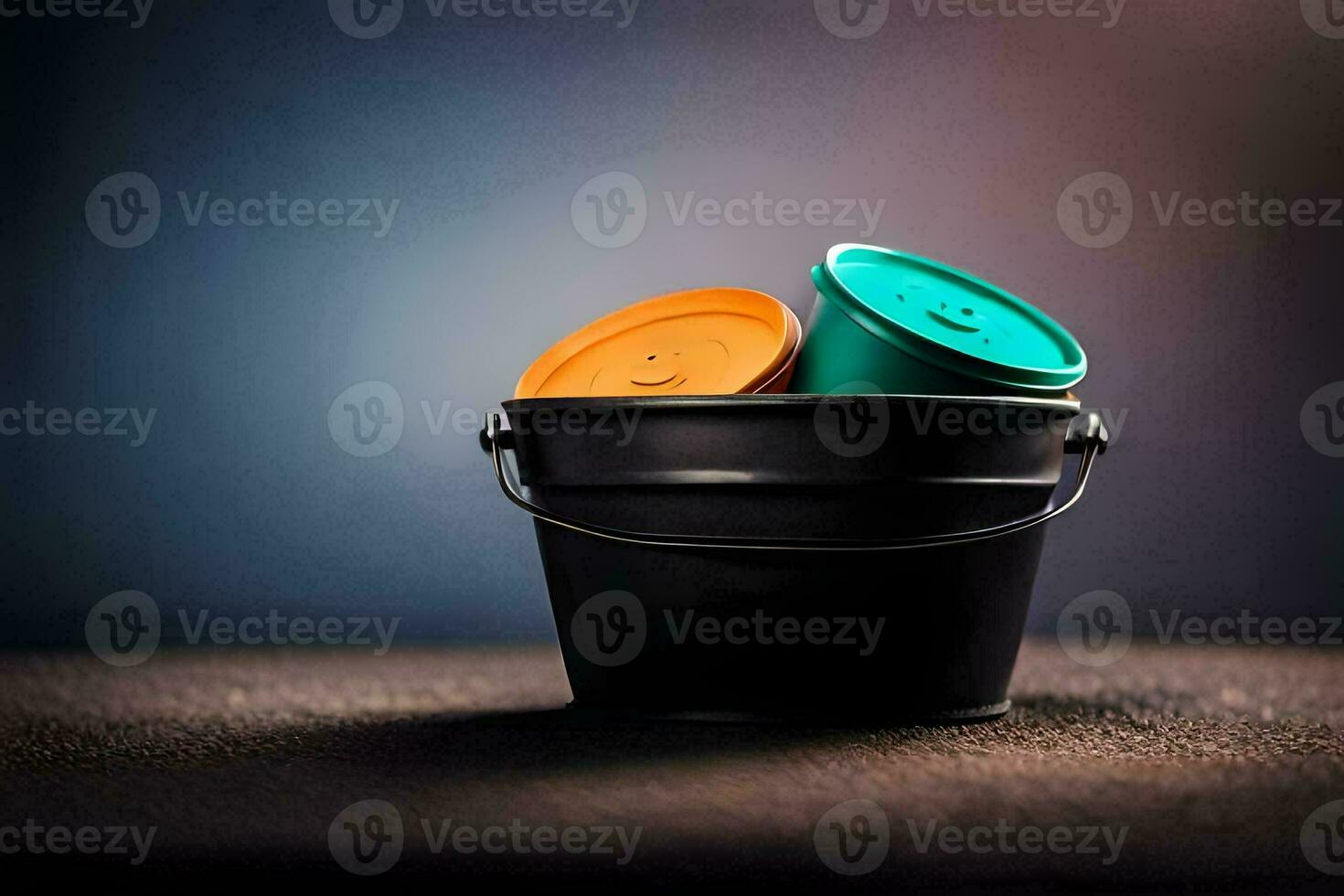 uma balde com dois colorida plástico copos dentro isto. gerado por IA foto