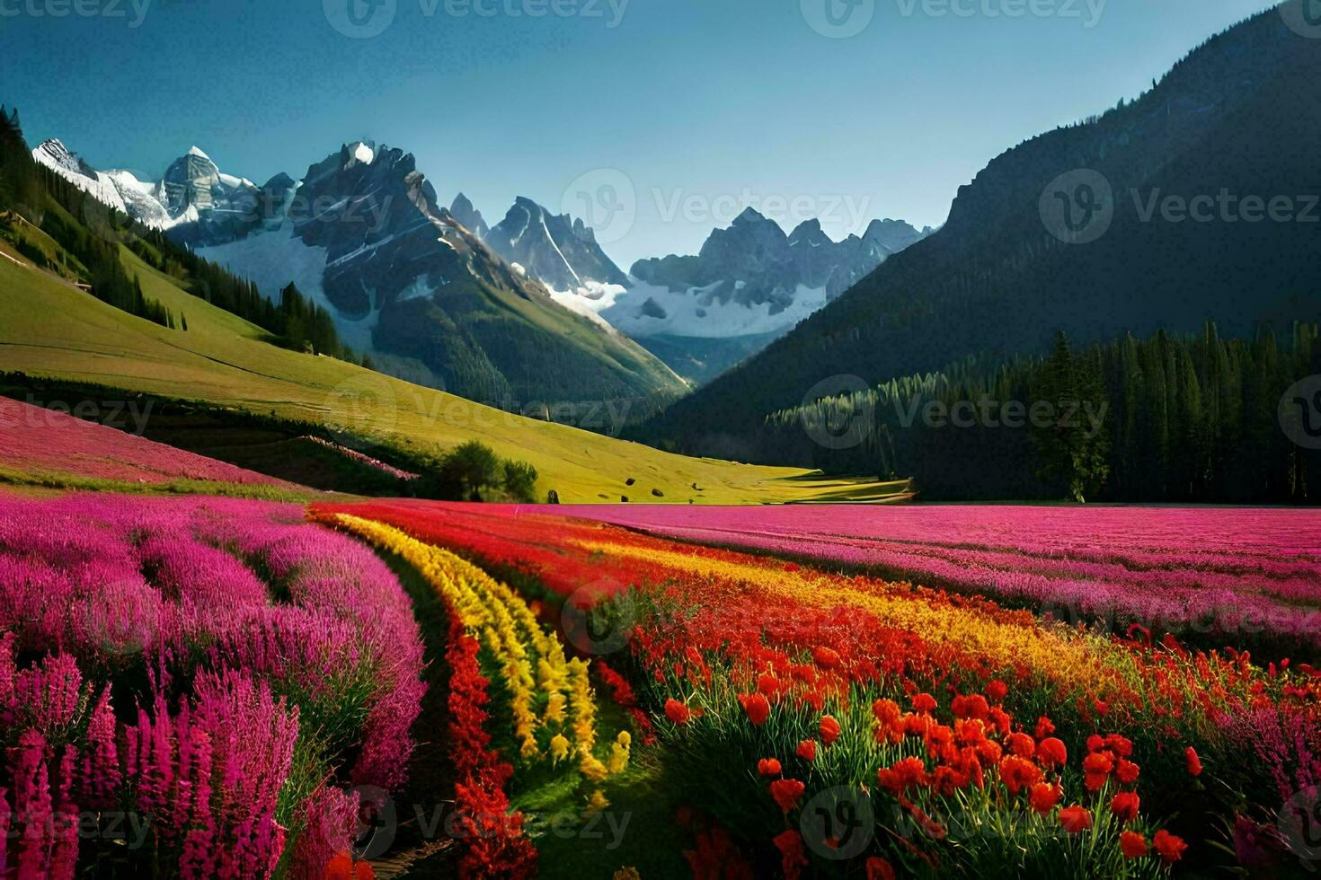 uma campo do flores e montanhas dentro a fundo. gerado por IA foto
