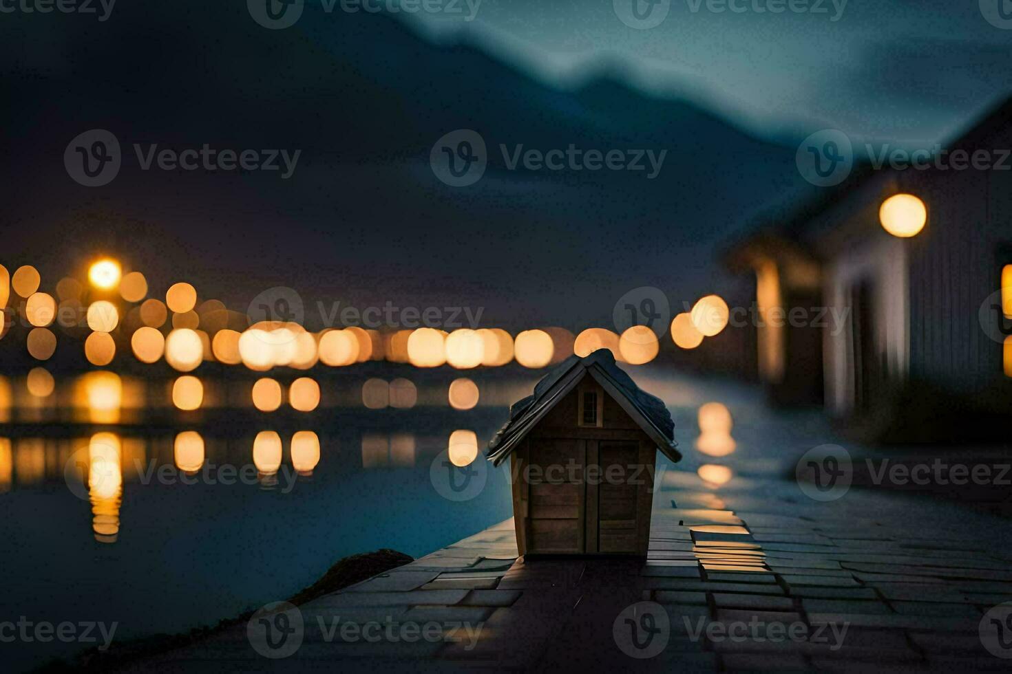 uma pequeno casa senta em a Beira do uma lago às noite. gerado por IA foto