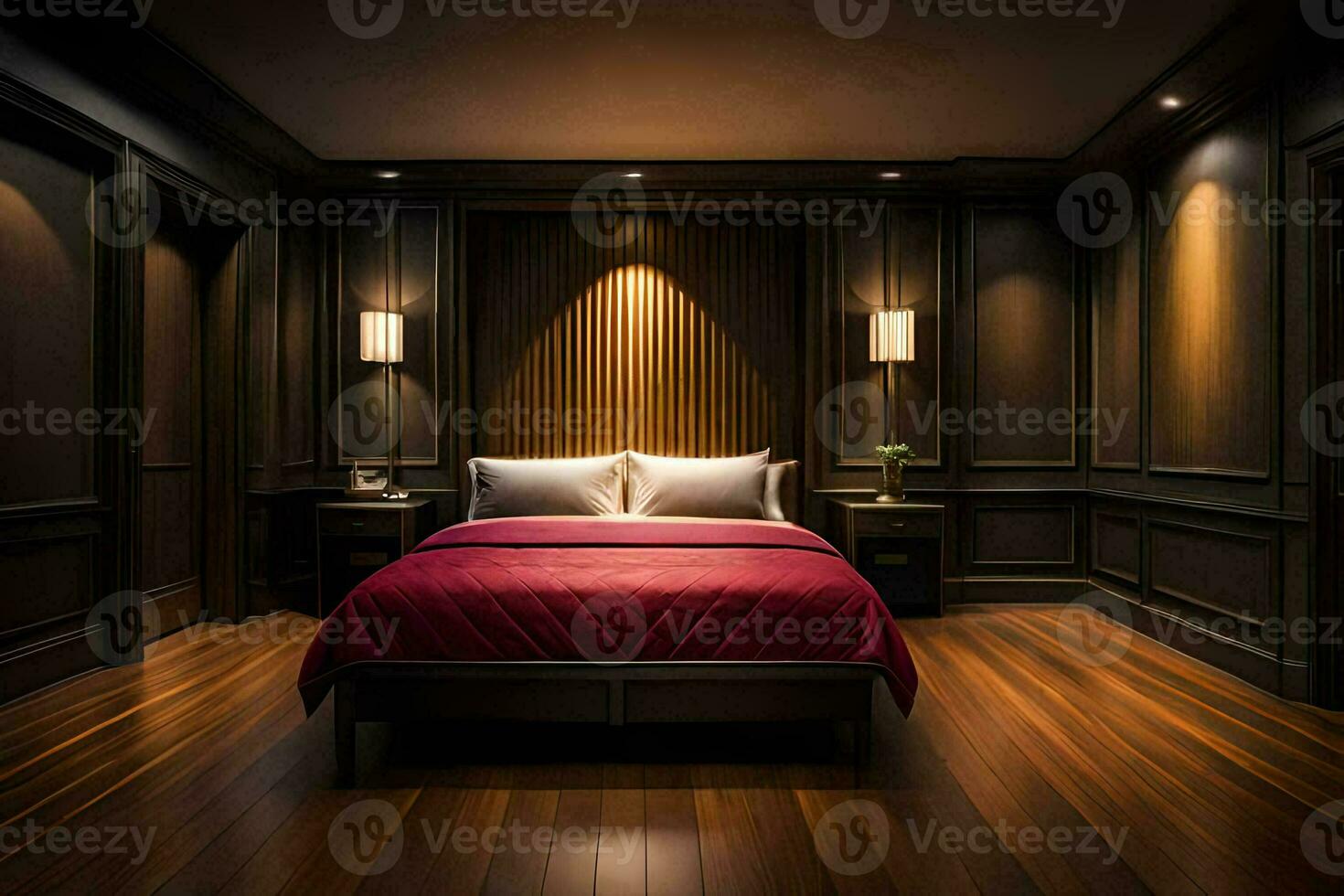 uma quarto com Sombrio madeira painéis e uma vermelho cama. gerado por IA foto