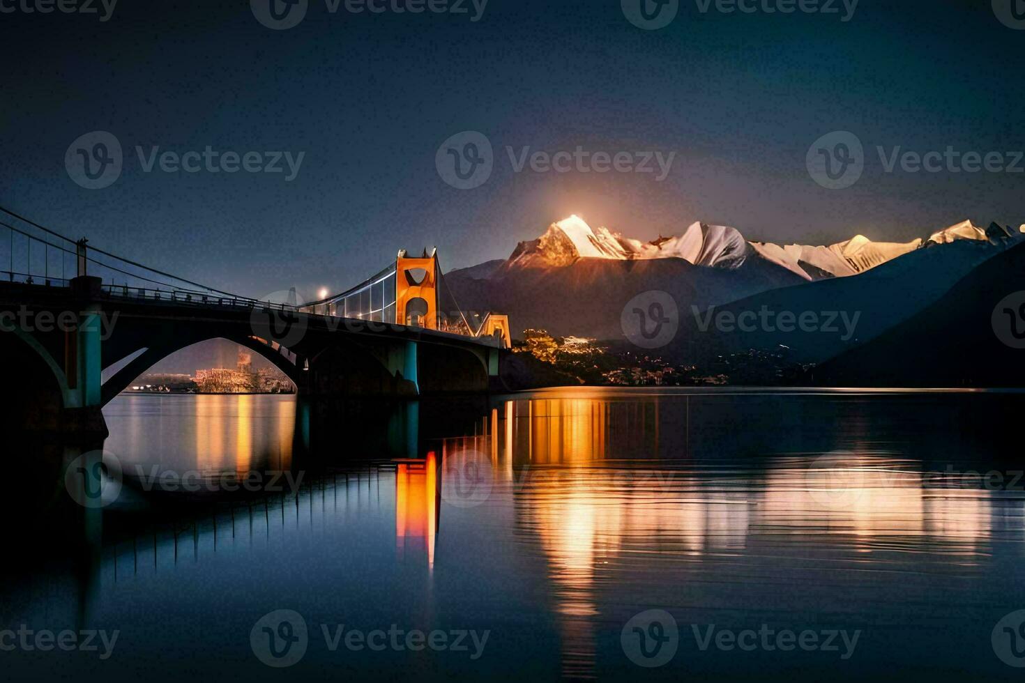 a lua sobe sobre a ponte e montanhas. gerado por IA foto