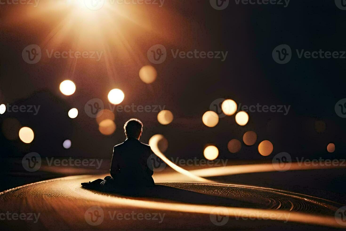 uma pessoa sentado em a estrada às noite com luzes brilhando. gerado por IA foto