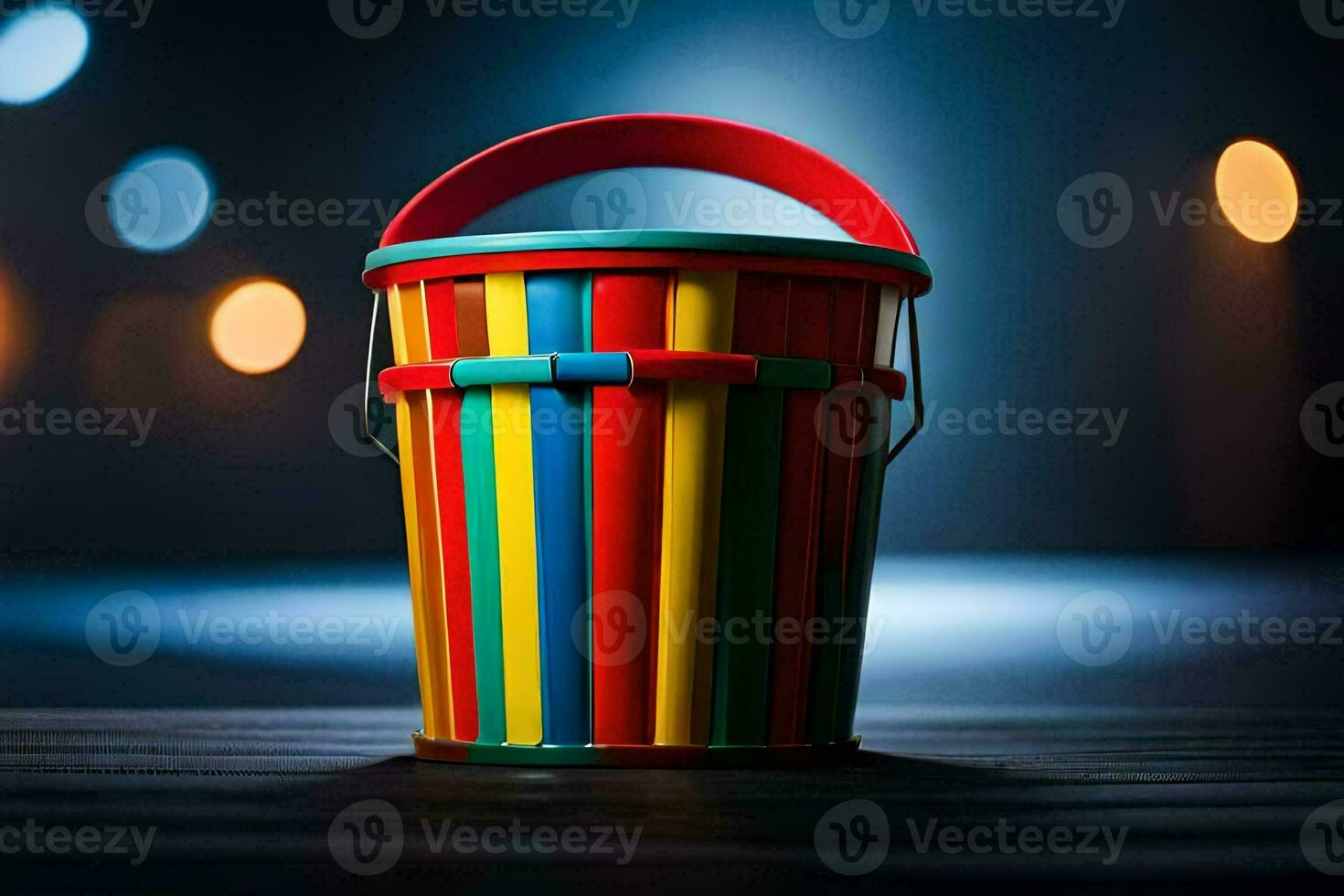 uma colorida balde com uma lidar com em uma Sombrio fundo. gerado por IA foto