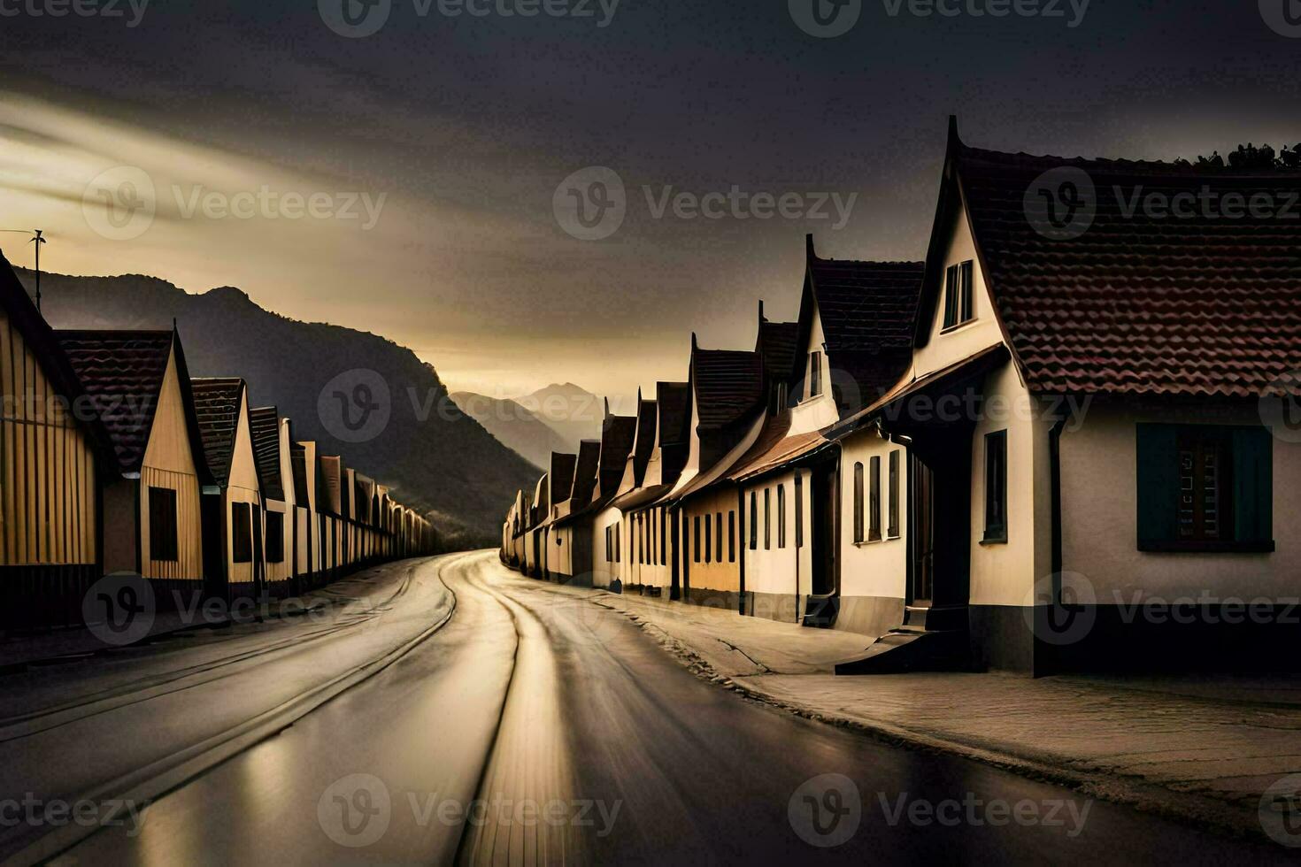 foto papel de parede a céu, estrada, casas, a escuro, a chuva, a montanhas, o. gerado por IA