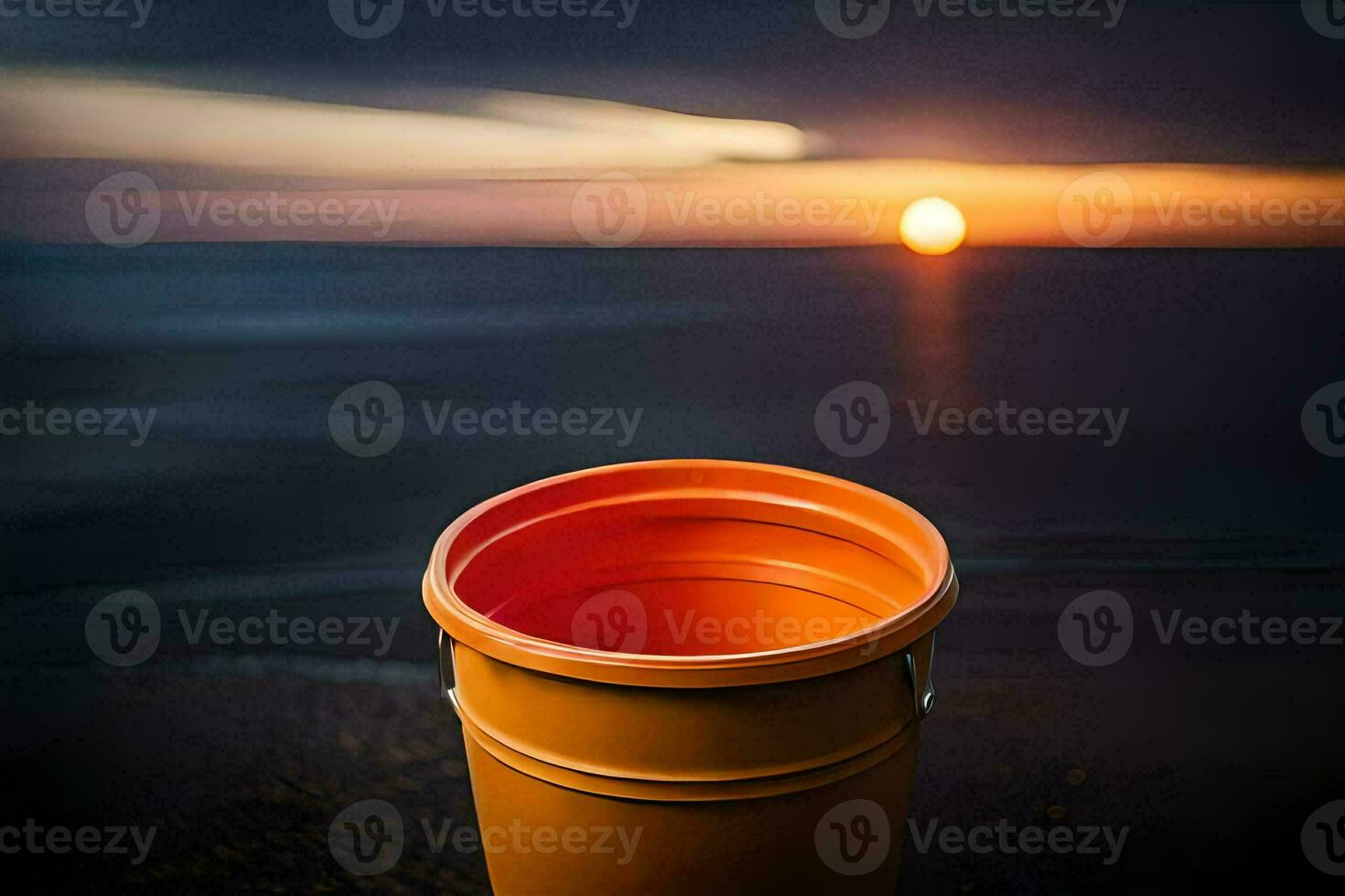 a laranja balde sentado em a de praia às pôr do sol. gerado por IA foto