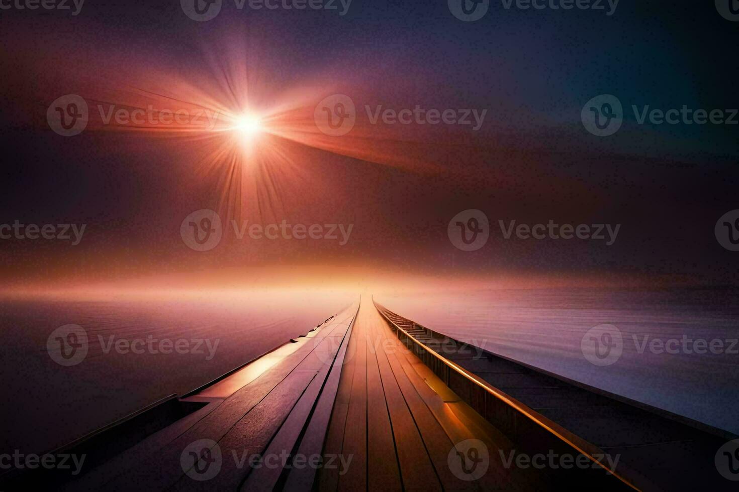 uma longo, Sombrio estrada conduzindo para a Sol. gerado por IA foto