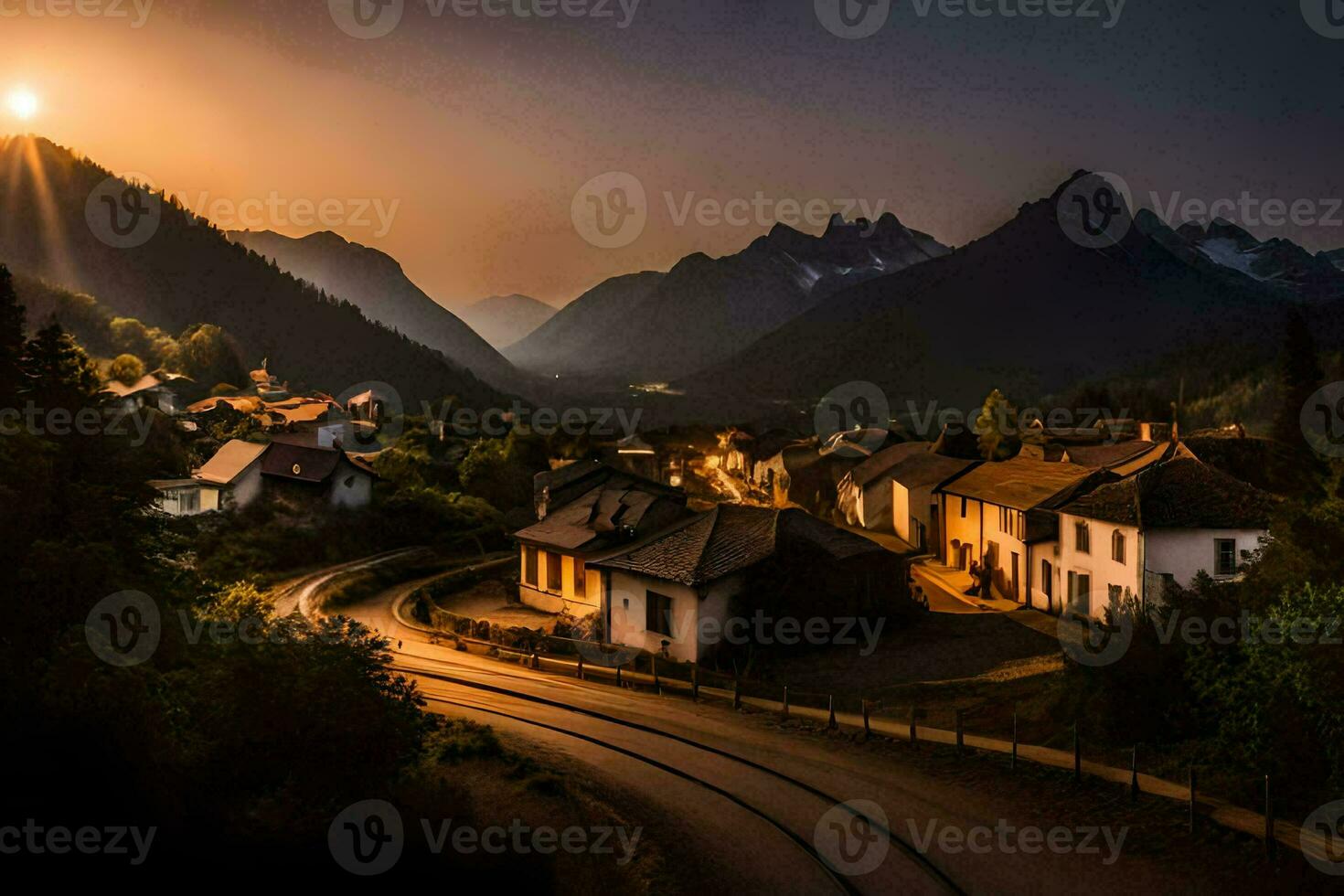 uma Vila dentro a montanhas às pôr do sol. gerado por IA foto