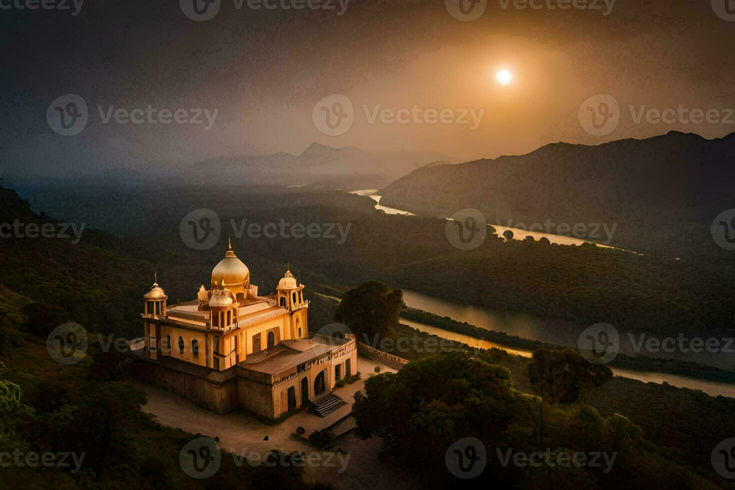 a Sol conjuntos sobre uma lindo Igreja em uma colina. gerado por IA foto