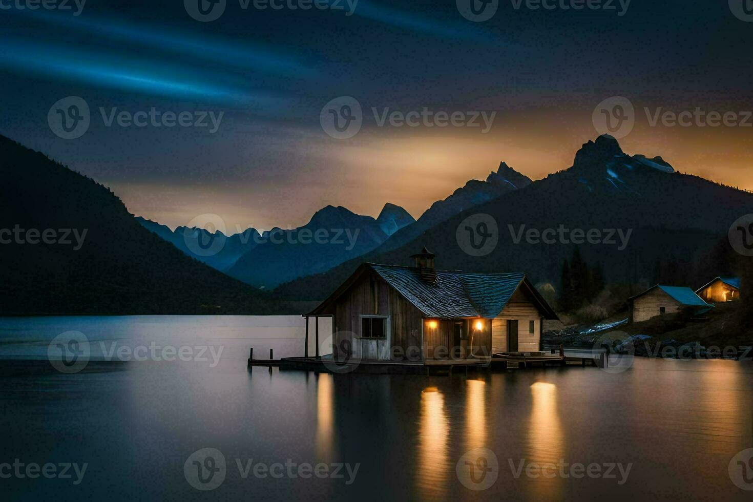 uma pequeno cabine senta em a costa do uma lago às noite. gerado por IA foto