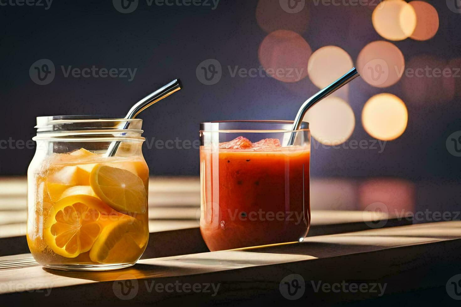 dois óculos do suco com palhas em uma de madeira mesa. gerado por IA foto