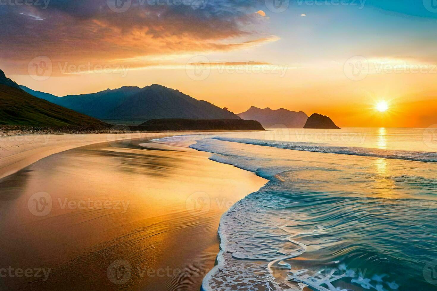 a Sol conjuntos sobre a oceano e montanhas dentro isto lindo foto. gerado por IA foto