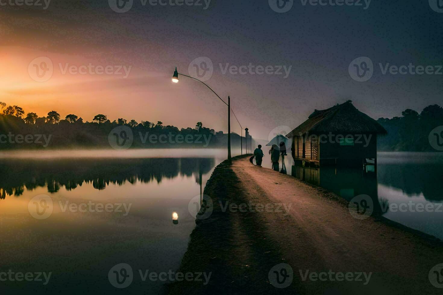 uma casal anda em ao longo uma caminho perto uma lago às nascer do sol. gerado por IA foto