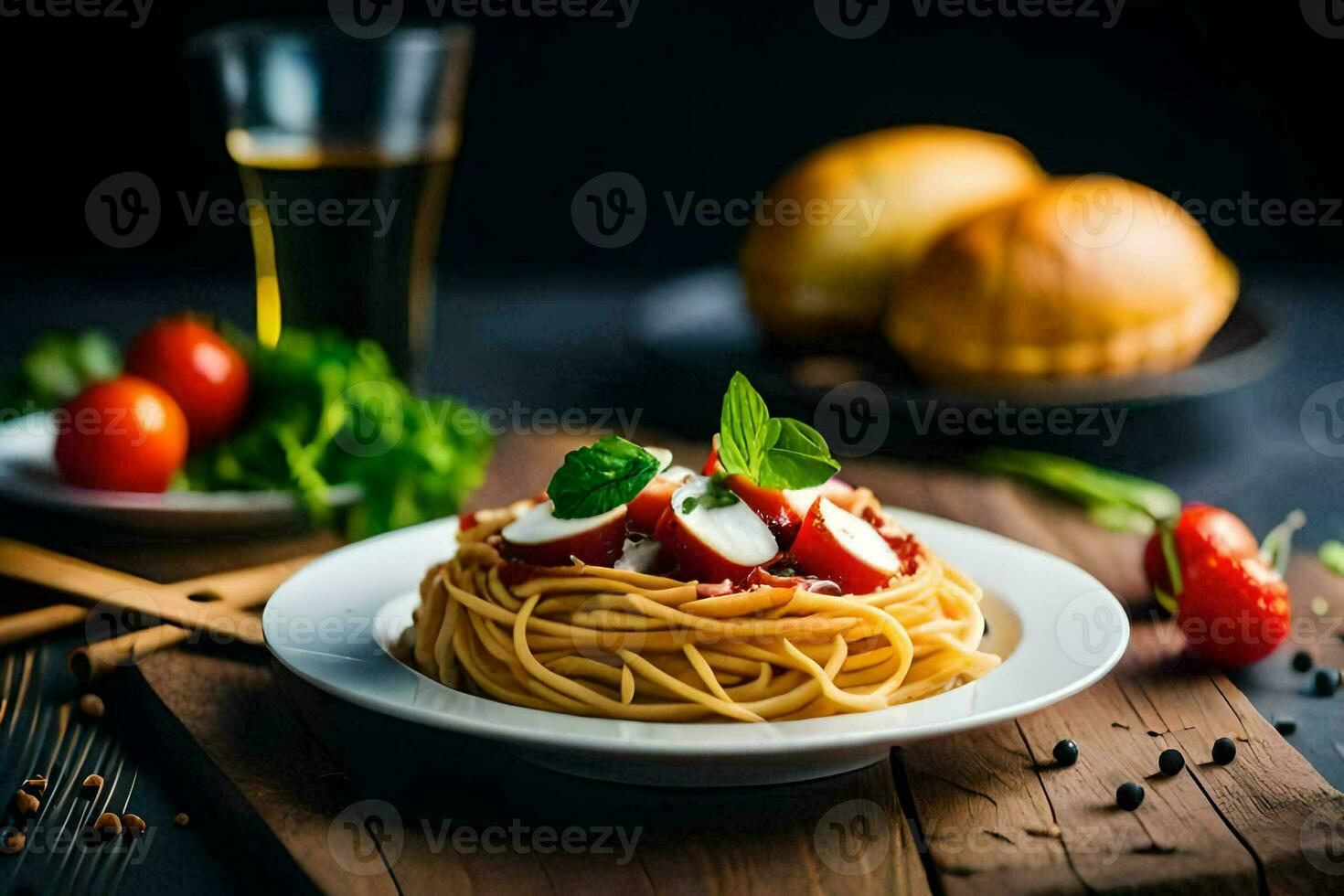 espaguete com tomate e manjericão em uma de madeira mesa. gerado por IA foto
