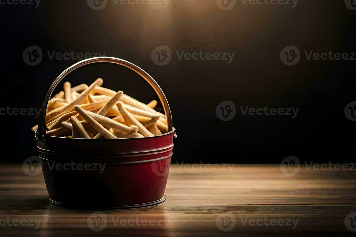 fritas dentro uma balde em uma de madeira mesa. gerado por IA foto