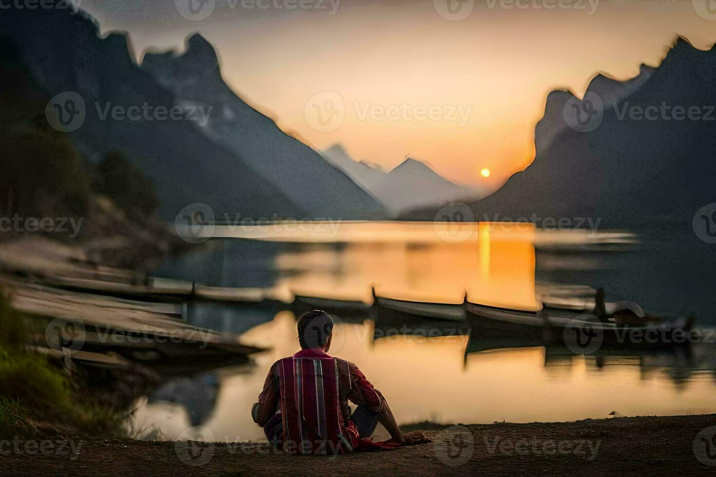 uma homem sentado em a costa do uma lago às pôr do sol. gerado por IA foto