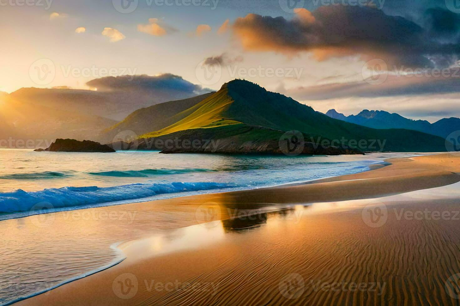 a Sol sobe sobre a montanhas e a de praia dentro isto lindo foto. gerado por IA foto