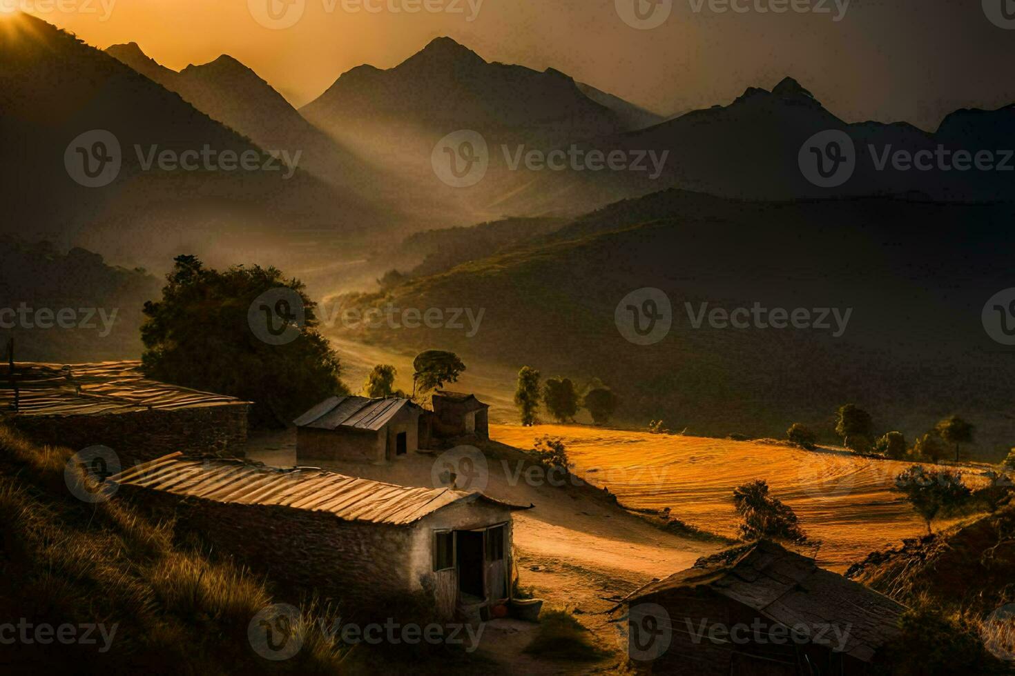 a Sol conjuntos sobre uma Vila dentro a montanhas. gerado por IA foto