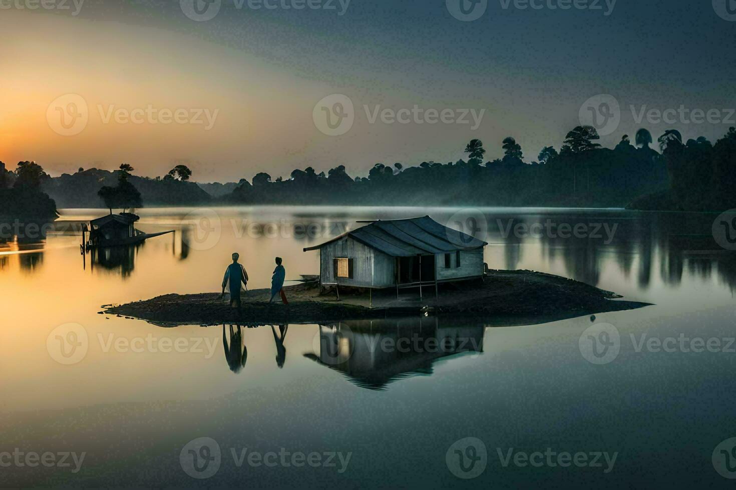 dois pessoas ficar de pé em uma pequeno ilha dentro a meio do uma lago às pôr do sol. gerado por IA foto