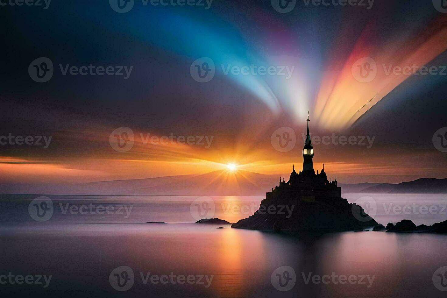 uma castelo em a costa do a oceano com uma arco Iris luz brilhando através a nuvens. gerado por IA foto